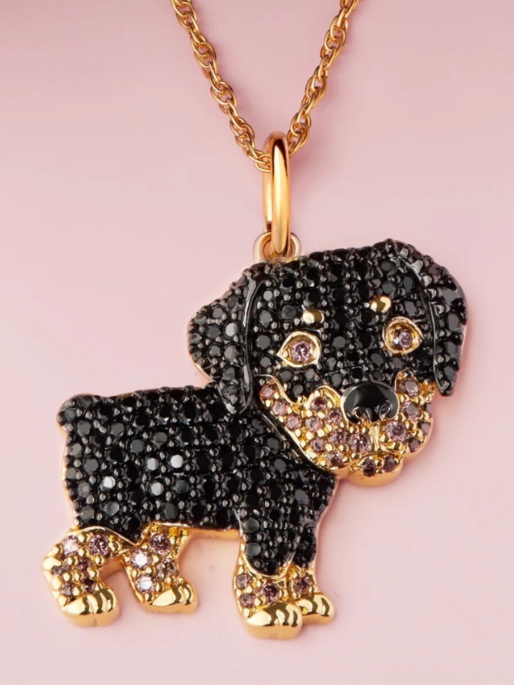 NWT Gold & Black Rottweiler Dog Sparkling Cubic Zirconia Pendant Necklace